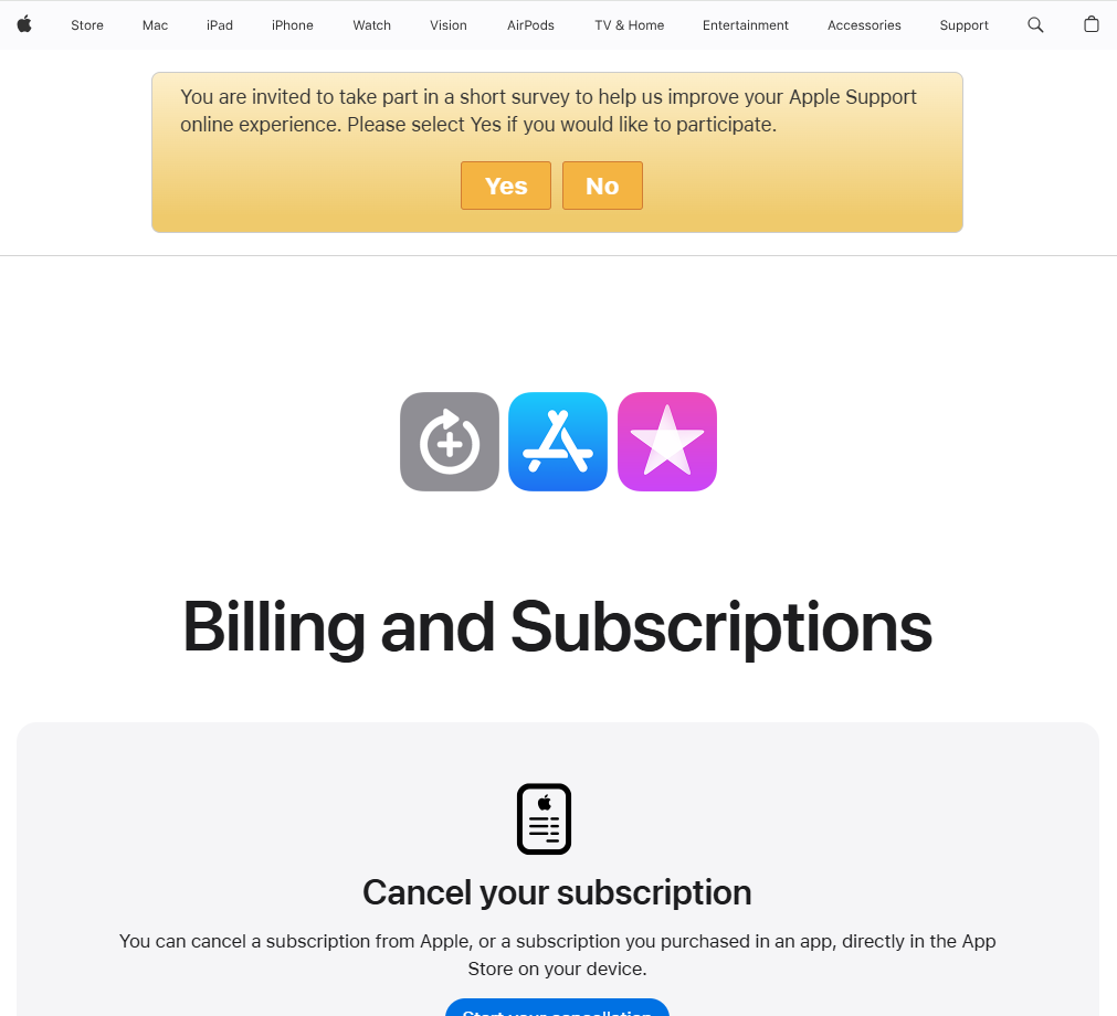 Apple Billing and Subscriptions 页面
